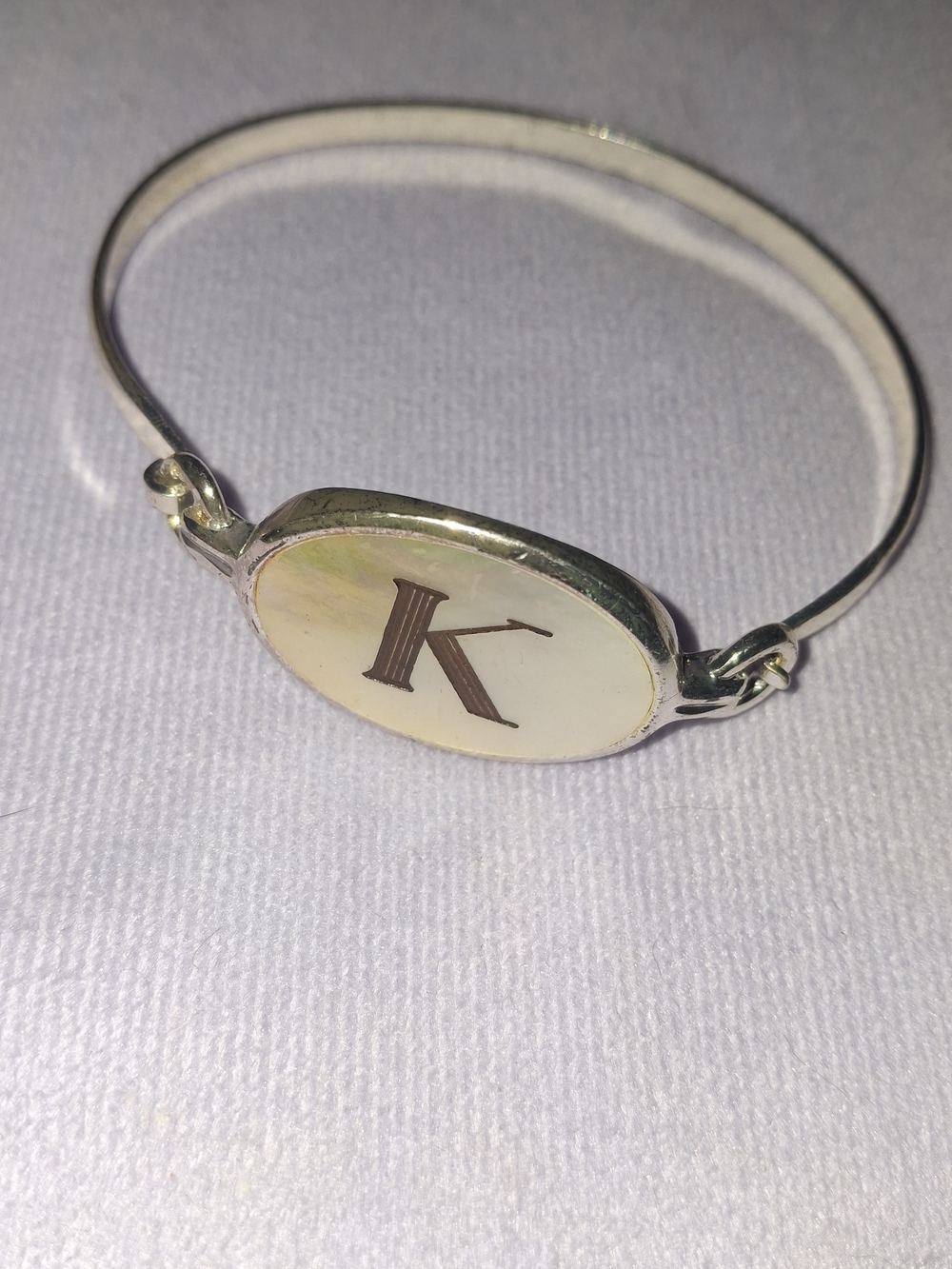 Silver Tone Initial K Mother of Pearl Oval Bangle Bracelet Monogram